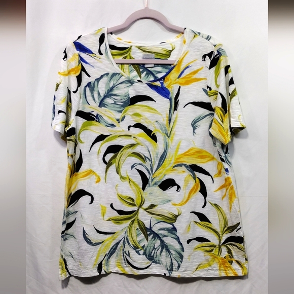 Chico's Button Back Slub Tee Women's L White Multi Textured Tropical Coastal - Picture 2 of 11